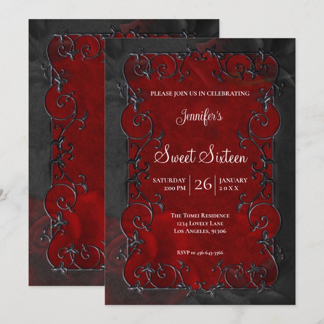 Invitación Marco ornamentado rojo Dulces 16 góticos (Anverso / Reverso)