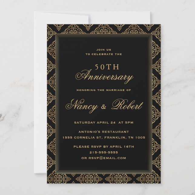 Invitación Marco ornamento dorado Black 50º aniversario Boda (Anverso)