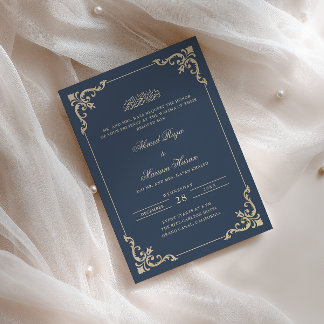 Invitación Marco Ornate Azul Marino Escritura Dorada Ceremoni