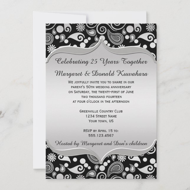 Invitación Marco Ornate Black Gold Paisley 25º aniversario (Anverso)