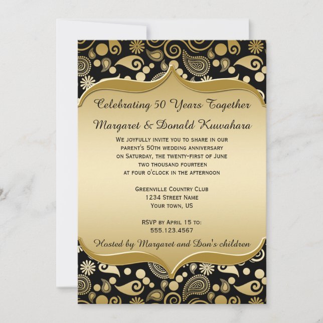 Invitación Marco Ornate Black Gold Paisley 50 Aniversario (Anverso)