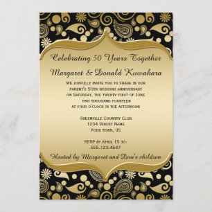 Invitación Marco Ornate Black Gold Paisley 50 Aniversario