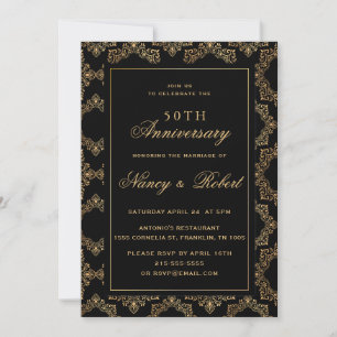 Invitación Marco Ornate de Oro Negro 50 Aniversario Boda