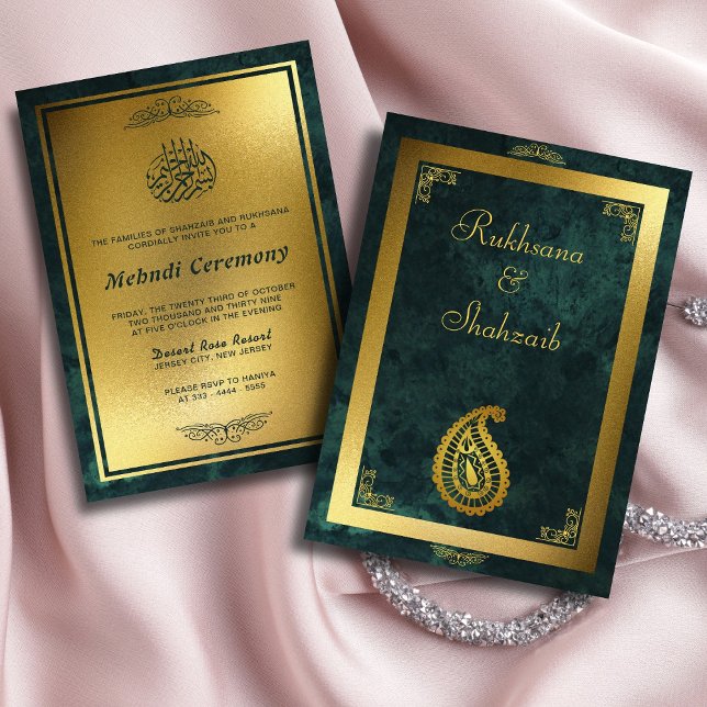 Invitación Marco Ornate Gold y Mehndi Islámico Verde Esmerald (Subido por el creador)