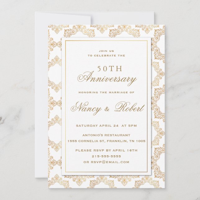 Invitación Marco Ornato de Oro Blanco 50 Aniversario Boda (Anverso)