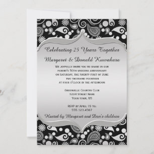Invitación Marco Ornato de Paisley de Oro Negro 25 Aniversari