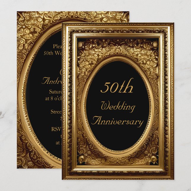 Invitación Marco ornato floral de oro de 50 años (Anverso / Reverso)