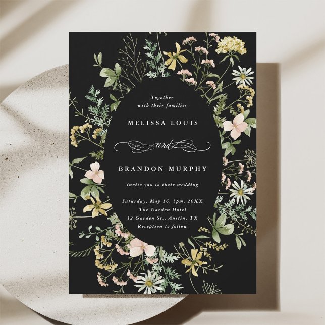 Invitación Marco oval de flor silvestre Boda Negro (Subido por el creador)