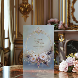 Invitación Marco oval dorado plumas boho joya púrpura boda