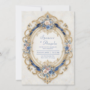 Invitación Marco oval rococó rosa rubor opulento azul dorado