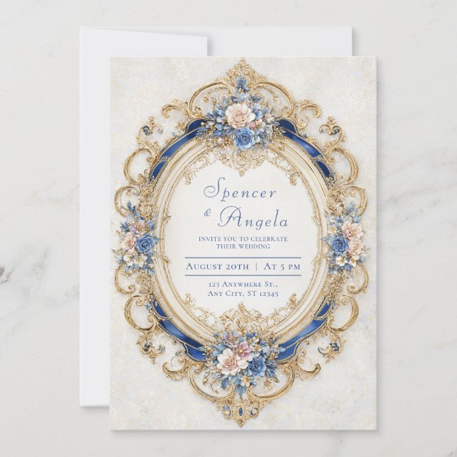 Invitación Marco oval rococó rosa rubor opulento azul dorado (Anverso)