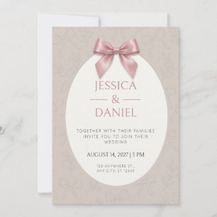 Invitación Marco oval taupe con lazo de raso rosa estampado