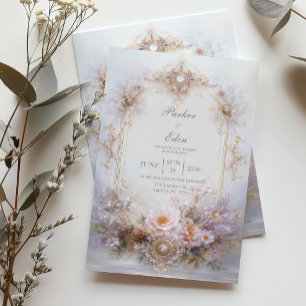 Invitación Marco Óvalo Dorado Floral Rubor Joya Elegante Boda