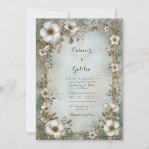Invitación Marco para Boda de Acuarela Verde Teal con Flor Bl