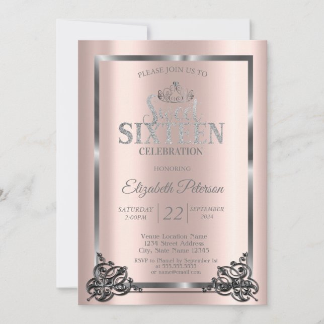 Invitación Marco plateado, borde, Rosa Tiara dulce de oro 16 (Anverso)