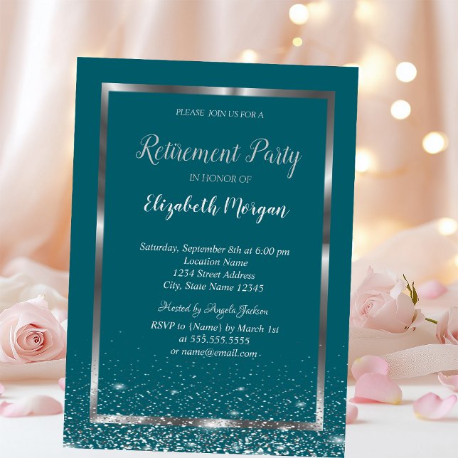 Invitación Marco plateado chic confeti verde jubilación (Subido por el creador)