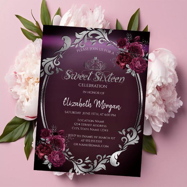 Invitación Marco plateado chic rosas borgoña Sweet 16 (Subido por el creador)