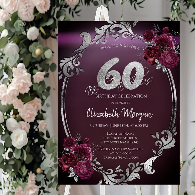 Invitación Marco plateado chic rosas burdeos 60 cumpleaños (Subido por el creador)