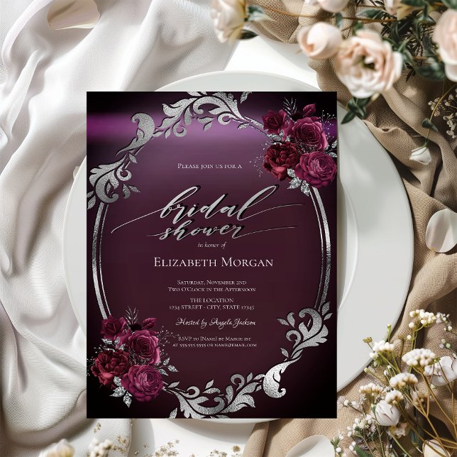 Invitación Marco Plateado Chic Rosas Burgundy Desayuno de Bod (Subido por el creador)