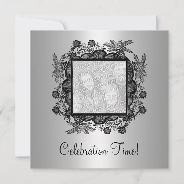 Invitación Marco plateado de foto floral negro 50 cumpleaños  (Anverso)