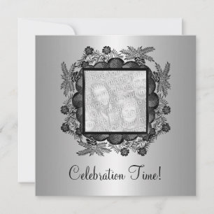 Invitación Marco plateado de foto floral negro 50 cumpleaños 