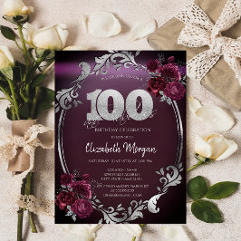 Invitación Marco plateado de moda Rosas de Borgoña 100 cumple