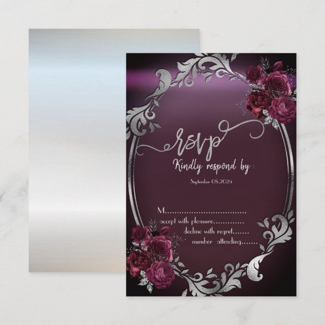 Invitación Marco plateado de moda Rosas de Borgoña RSVP (Anverso / Reverso)
