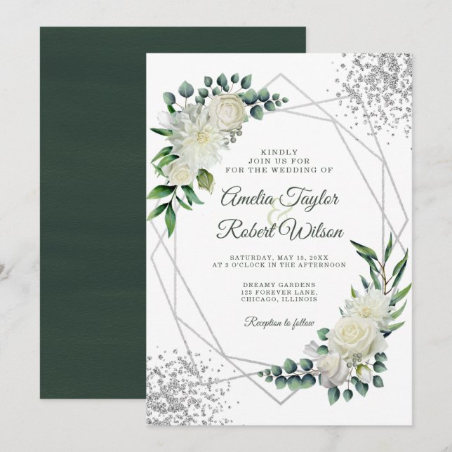 Invitación Marco plateado de vegetación floral blanca (Anverso / Reverso)