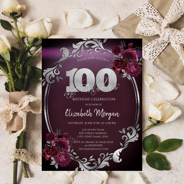 Invitación Marco plateado elegante rosas borgoña 100 cumpleañ (Subido por el creador)