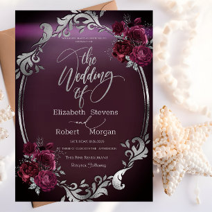 Invitación Marco plateado elegante rosas borgoña Boda