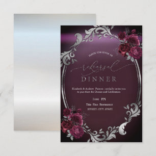 Invitación Marco plateado elegante rosas borgoña cena de ensa