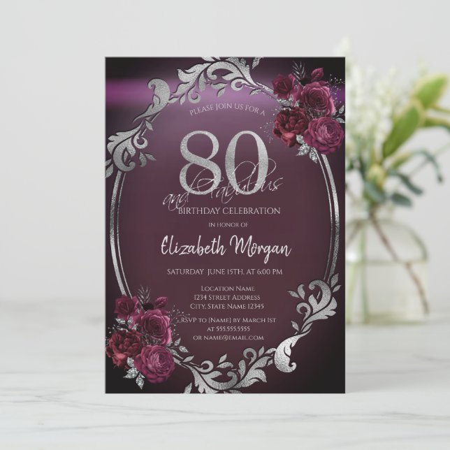 Invitación Marco plateado elegante rosas borgoña cumpleaños 8 (Anverso de pie)