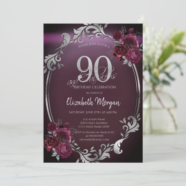 Invitación Marco plateado elegante rosas borgoña cumpleaños 9 (Anverso de pie)