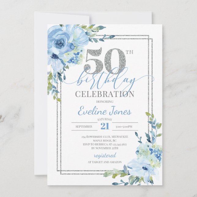 Invitación Marco plateado floral azul rústico 50 años (Anverso)