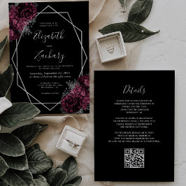 Invitación Marco plateado floral de borgoña Boda de código QR