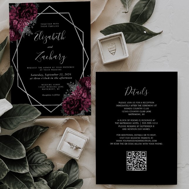 Invitación Marco plateado floral de borgoña Boda de código QR (Subido por el creador)