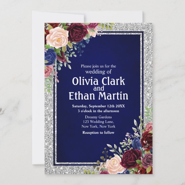 Invitación Marco plateado floral de la Marina de Borgoña (Anverso)