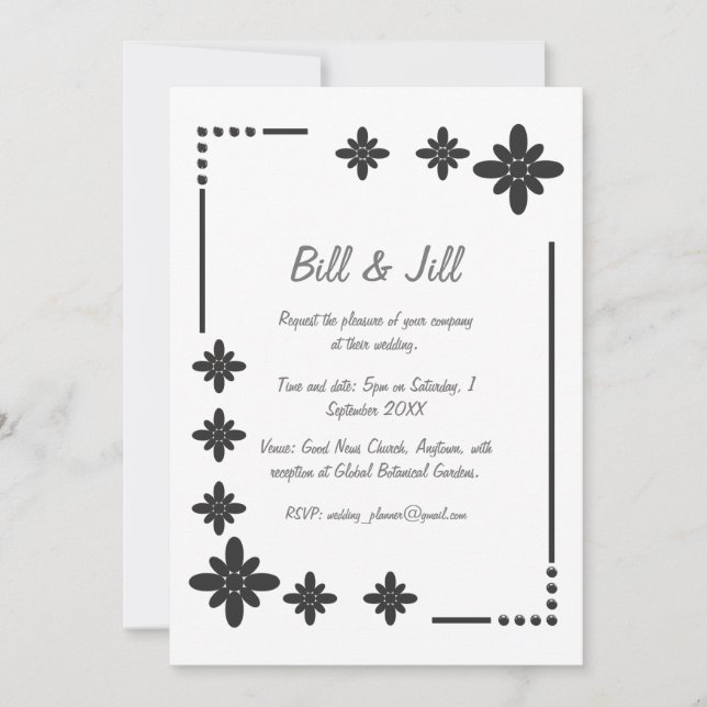 Invitación Marco Plateado Floral En El Boda De Fondo Blanco (Anverso)