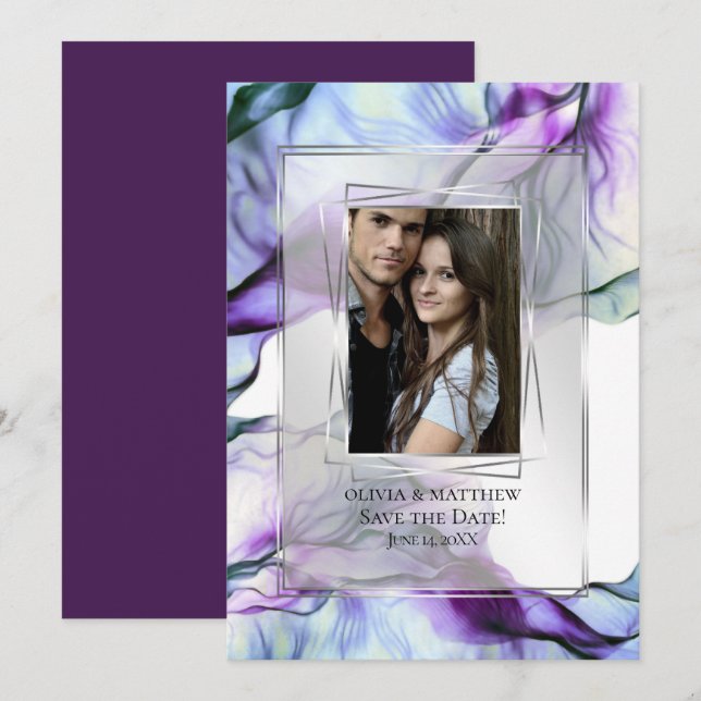 Invitación Marco plateado fotográfico Resumen Pluma Verde azu (Anverso / Reverso)