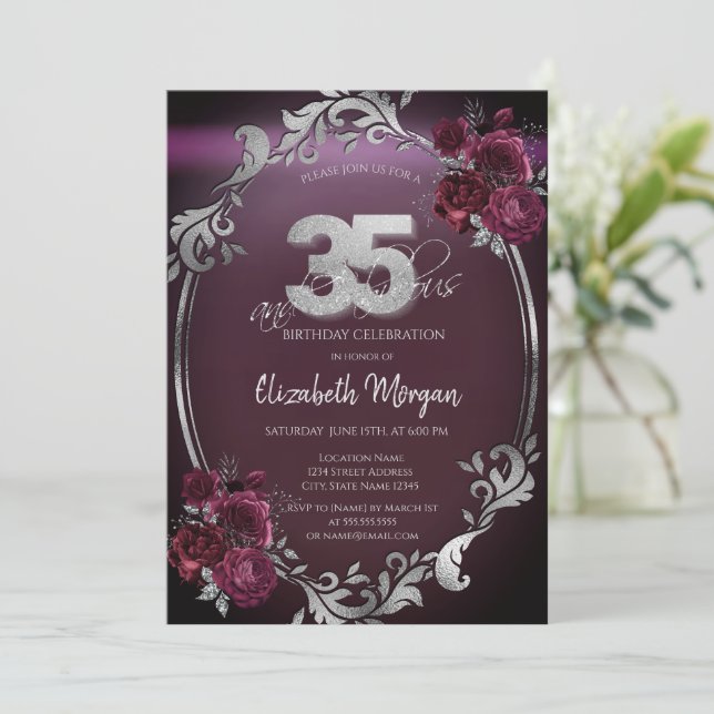 Invitación Marco plateado moda Rosas de Borgoña 35 cumpleaños (Anverso de pie)