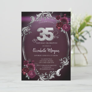 Invitación Marco plateado moda Rosas de Borgoña 35 cumpleaños