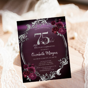 Invitación Marco plateado moda Rosas de Borgoña 75 cumpleaños