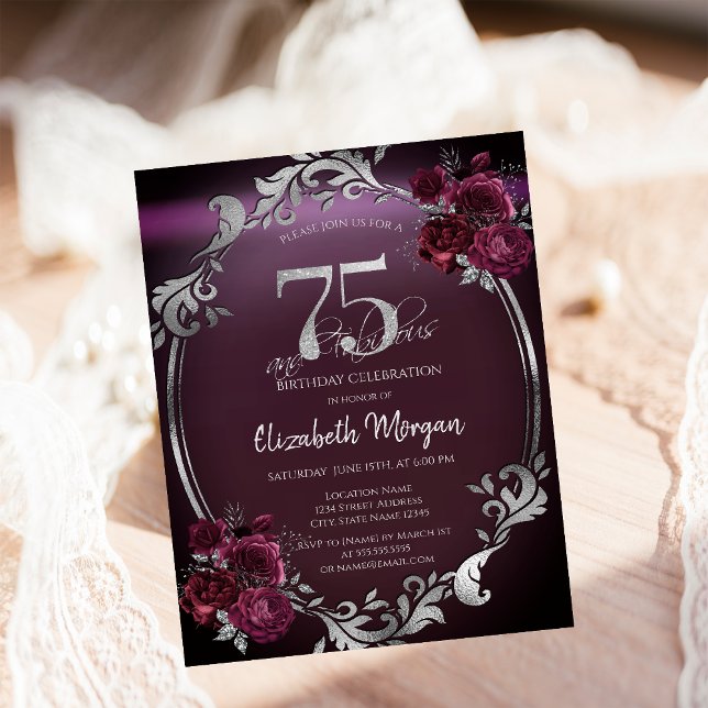 Invitación Marco plateado moda Rosas de Borgoña 75 cumpleaños (Subido por el creador)