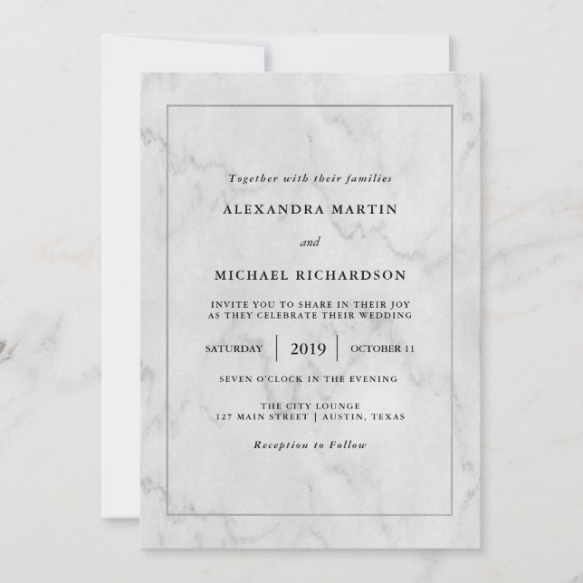 Invitación Marco plateado moderno y Boda de aspecto de mármol (Anverso)
