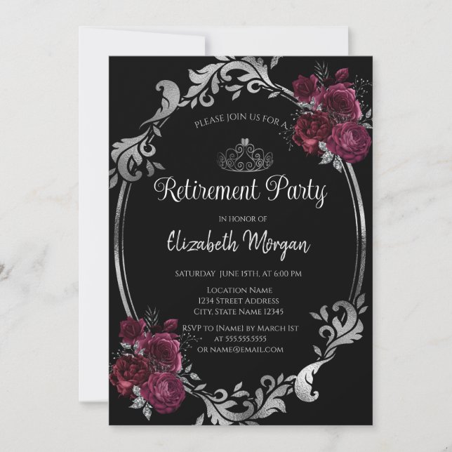 Invitación Marco plateado Rosas de Borgoña Jubilación Negra (Anverso)