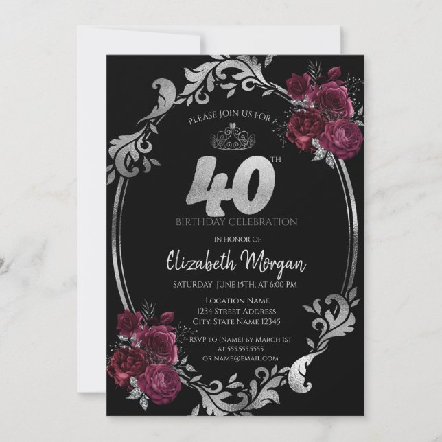Invitación Marco plateado Rosas de Borgoña Negro 40 cumpleaño (Anverso)