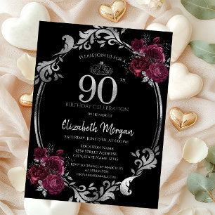 Invitación Marco plateado Rosas de Borgoña Negro 90 cumpleaño