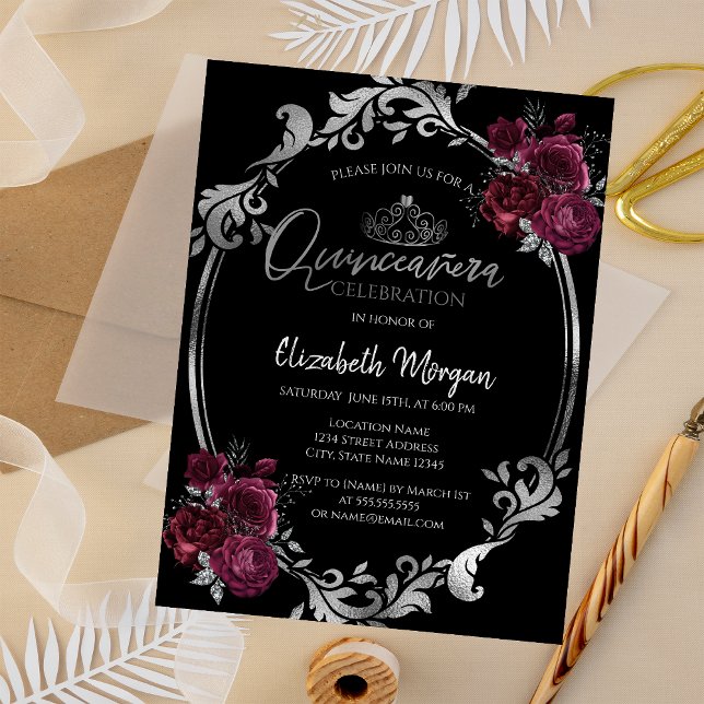 Invitación Marco plateado Rosas de Borgoña Negro Quinceañera (Subido por el creador)