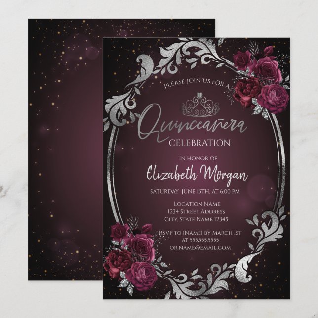 Invitación Marco plateado Rosas de Borgoña Oscuro Quinceañera (Anverso / Reverso)