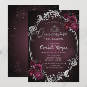 Invitación Marco plateado Rosas de Borgoña Oscuro Quinceañera